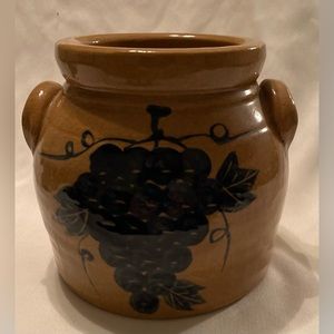 Brown Ceramic Crock with Dark Blue Grape Motif